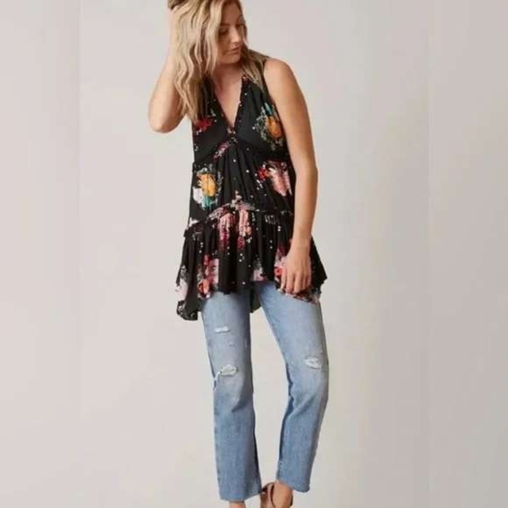 Free People Black Haze Floral‎ Print Sleeveless Tiered Tunic Top Size XS #11